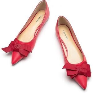 C.Paravano Pointy Bow Flats Comfortable Shoes Red Women Leather Sz 10.5 EU 41